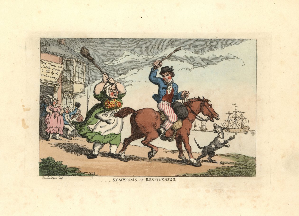 Hombre golpeando a un caballo terco con un garrote, mientras el dueño Wido de Thomas Rowlandson