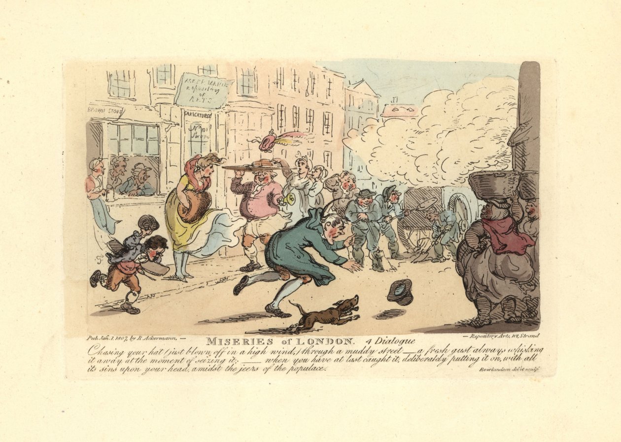 Hombre persiguiendo su sombrero en una calle embarrada con viento fuerte de Thomas Rowlandson