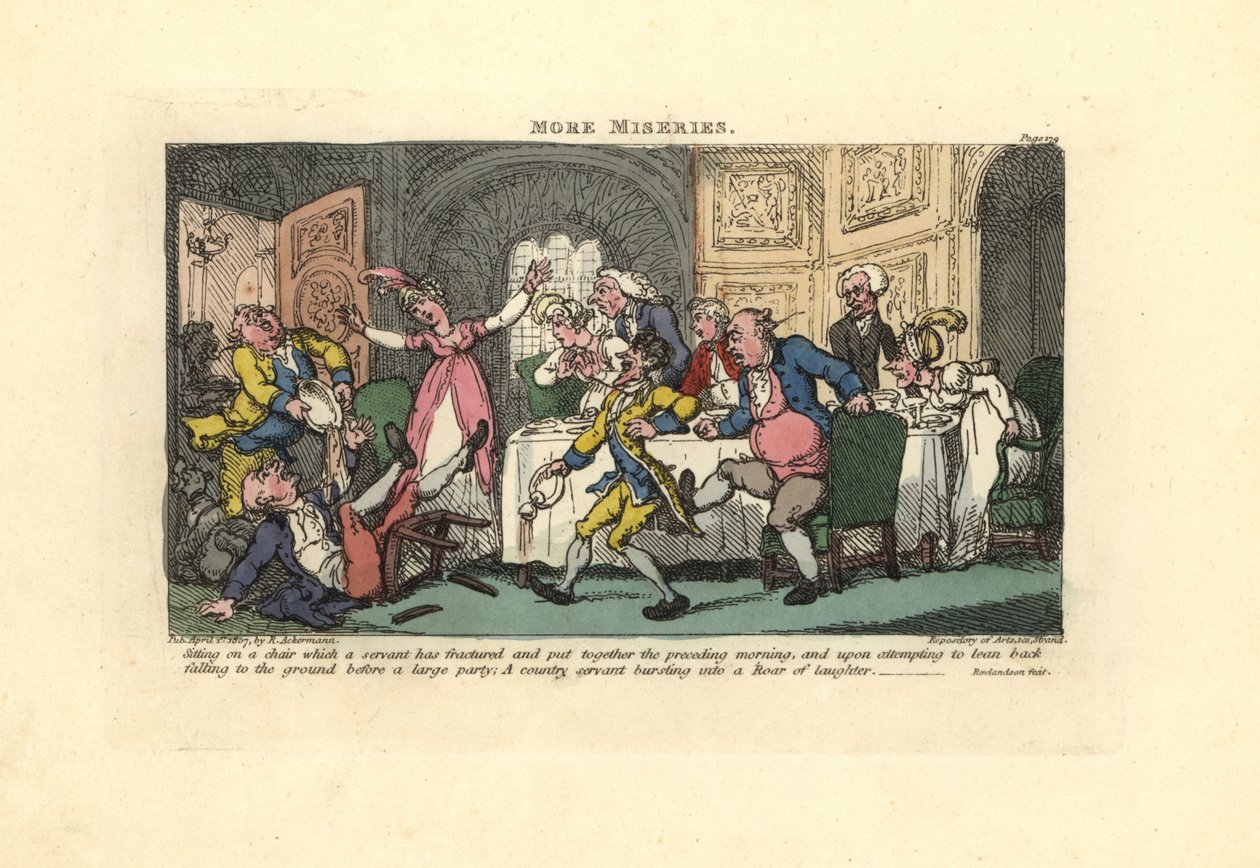 Hombre cayendo de una silla rota en una cena de Thomas Rowlandson