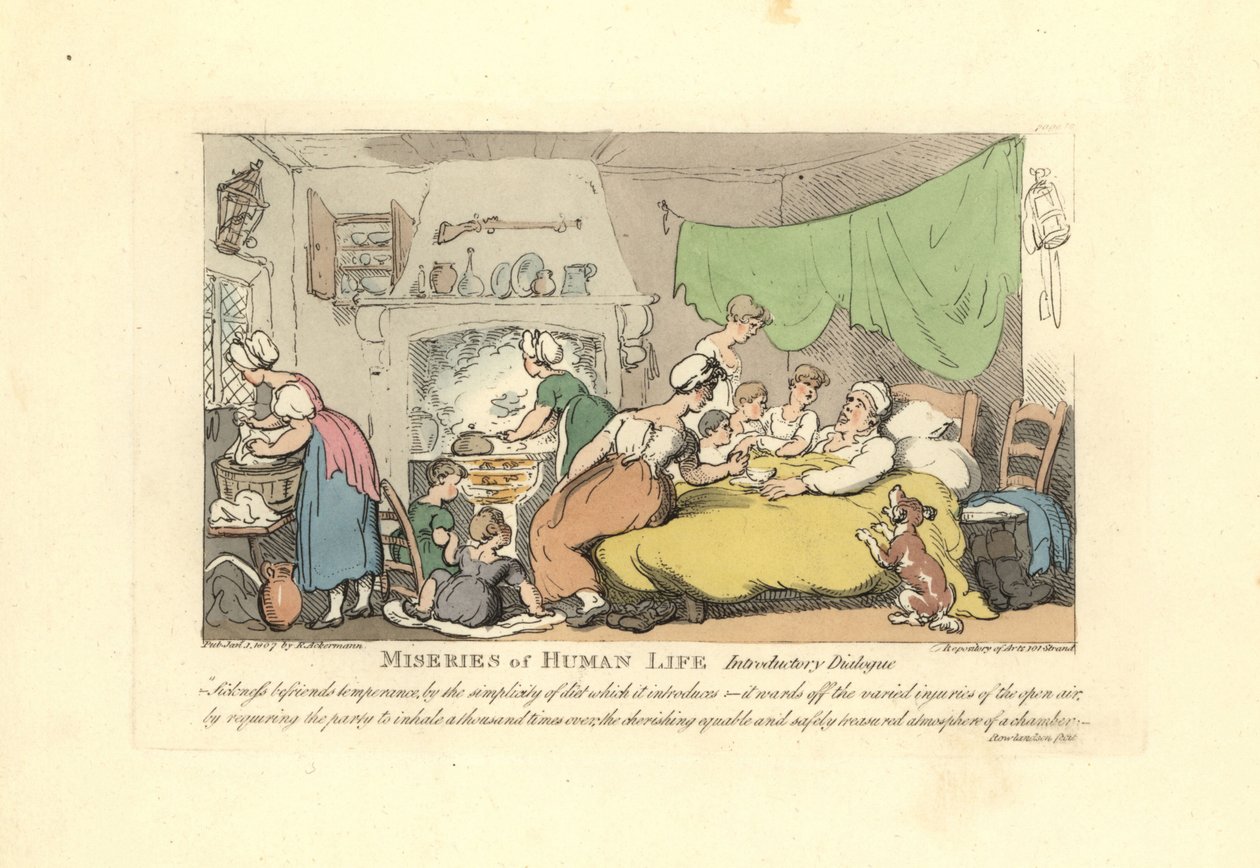 Hombre en su lecho de enfermo rodeado de su esposa, hijos y sirvienta de Thomas Rowlandson