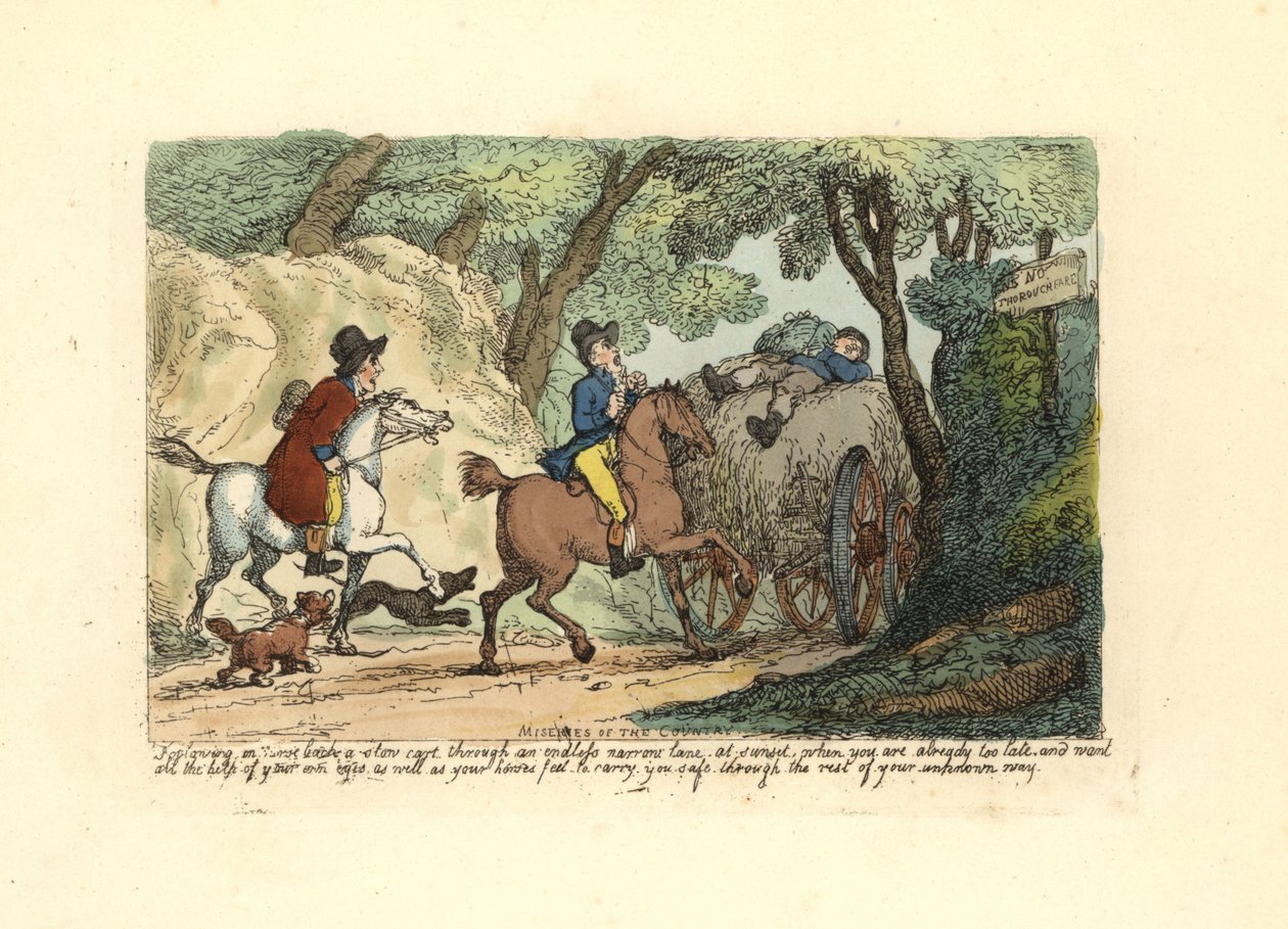 Hombre a caballo detrás de un carro lento en un camino estrecho de Thomas Rowlandson