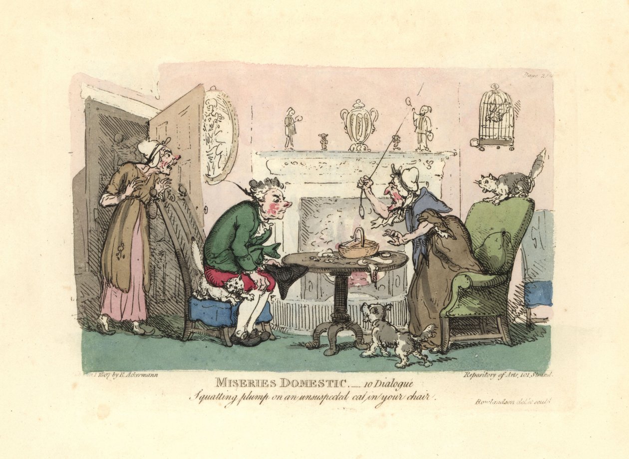 Hombre sentándose sobre un gato asustado en su silla de Thomas Rowlandson