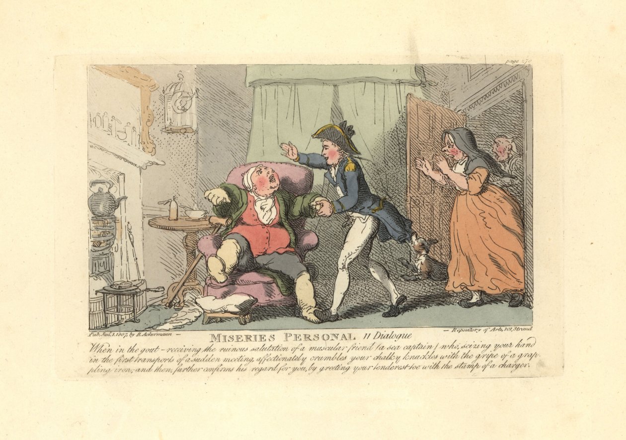 Hombre con gota saludado dolorosamente por un marinero de Thomas Rowlandson