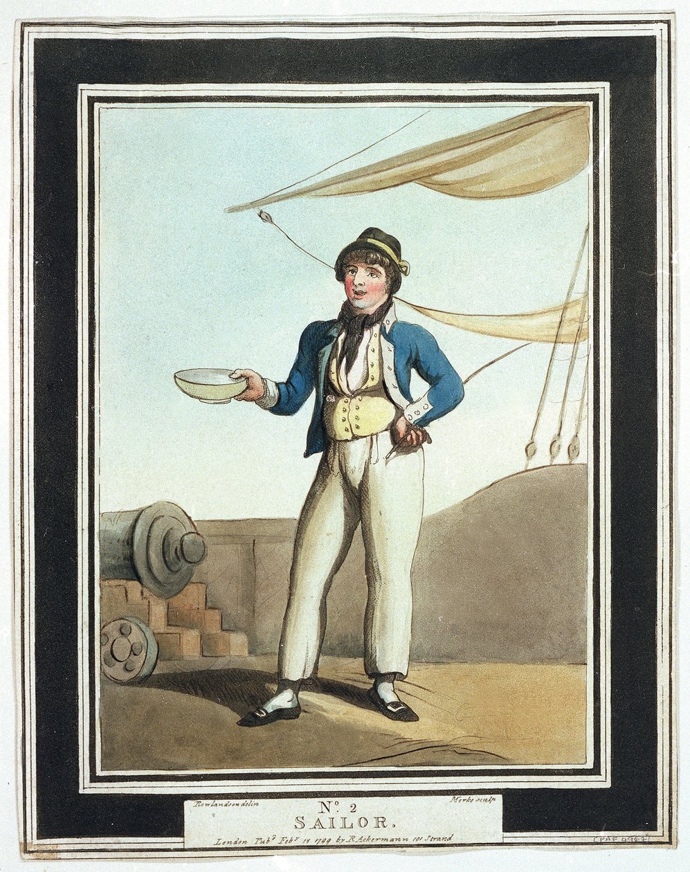 Marinero, en la época de Horatio Nelson (1758-1805), asignado a diversos trabajos según sus habilidades, algunos trabajaban en los mástiles cargados en el ala, otros en la cubierta superior, responsables del ancla, otros formaban parte del equipo de artill de Thomas Rowlandson