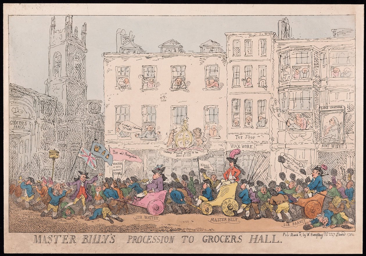 La Procesión del Maestro Billy al Salón de los Tenderos de Thomas Rowlandson