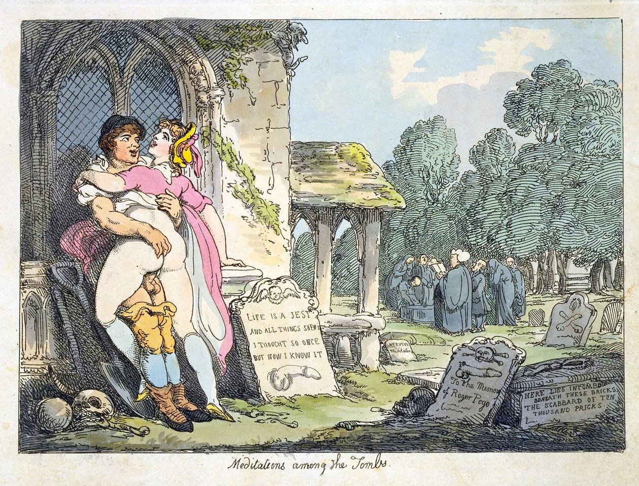 Meditaciones entre las tumbas (litografía en color) de Thomas Rowlandson