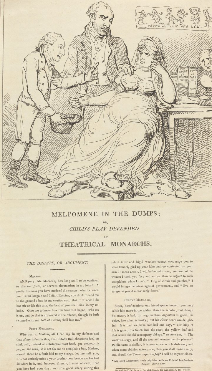 Melpómene, de bajón; o «Juegos de niños», defendida por los monarcas del teatro de Thomas Rowlandson