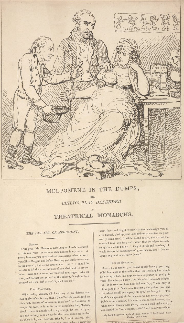 Melpómene de bajón; o «Los juegos infantiles defendidos por los monarcas del teatro» de Thomas Rowlandson