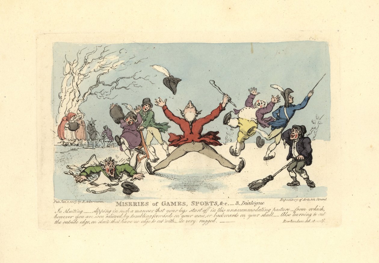 Hombres cayendo en patines sobre hielo, otro cayendo a través del hielo, etc. de Thomas Rowlandson