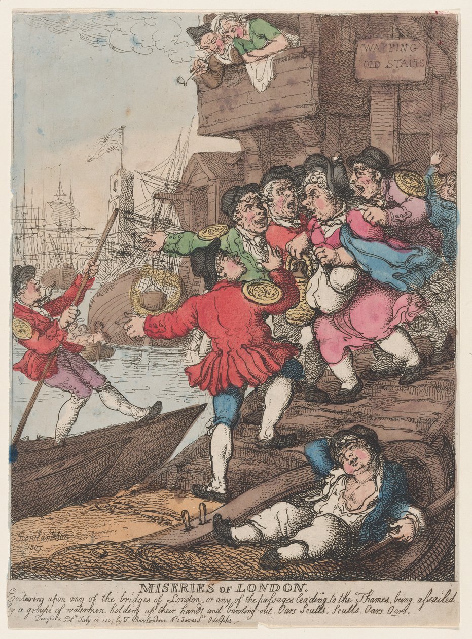Las miserias de Londres: Al cruzar cualquiera de los puentes de Londres o cualquiera de los pasajes que conducen al Támesis, uno se ve asaltado por un grupo [sic] de barqueros que alzan las manos y gritan: «Remos. Remos. Remos. Remos». de Thomas Rowlandson