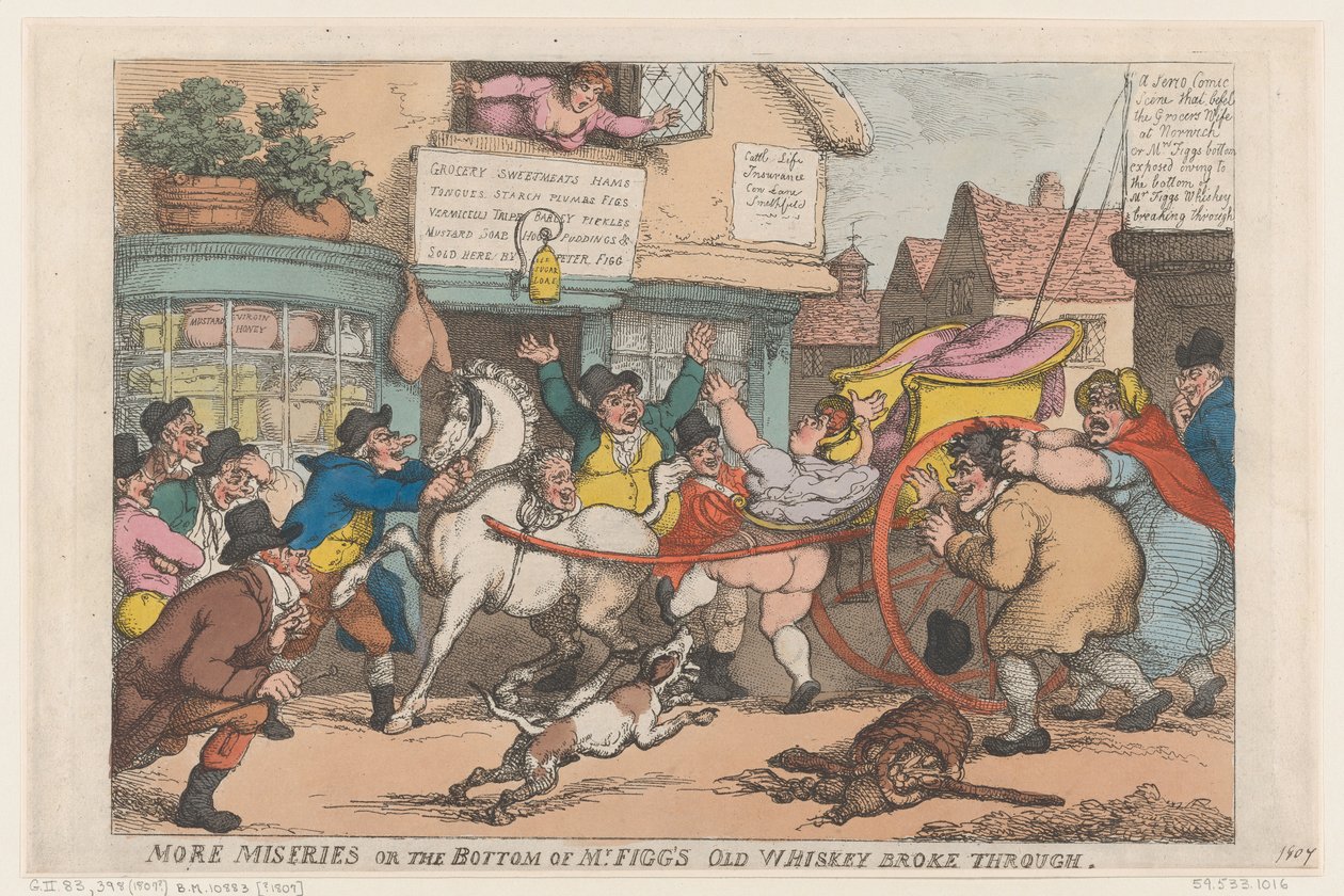 Más miserias: El fondo del viejo whisky de Mr. Figg se rompió, 1807 de Thomas Rowlandson