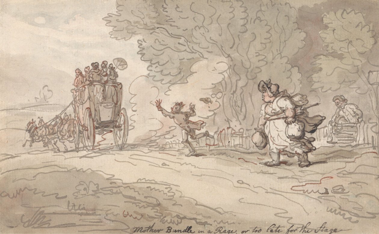 «Mother Bundle» enfurecida o «Demasiado tarde para el escenario» de Thomas Rowlandson