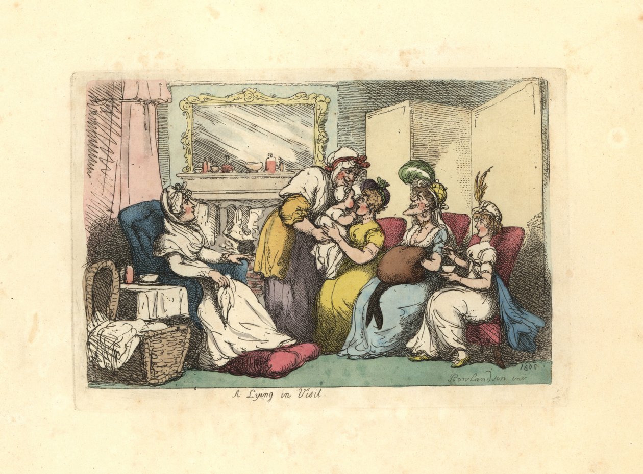 Madre con recién nacido visitada por varias mujeres en un salón de Thomas Rowlandson