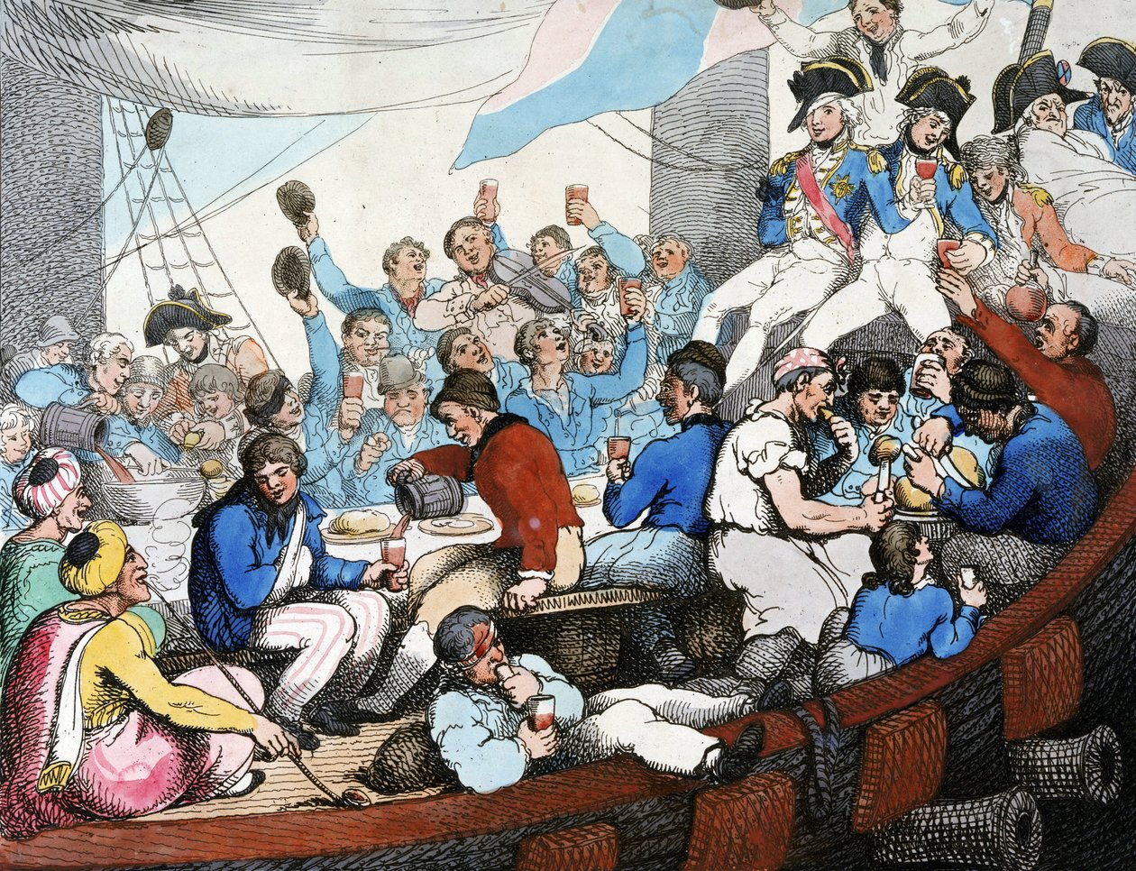 Guerras Napoleónicas, Campaña (Expedición) de Egipto (1798-1801): El almirante Horatio Nelson (1758-1805) celebra con sus tropas su gloriosa victoria en la batalla del Nilo (batalla de Aboukir) (agosto de 1798), a bordo de su barco de Thomas Rowlandson