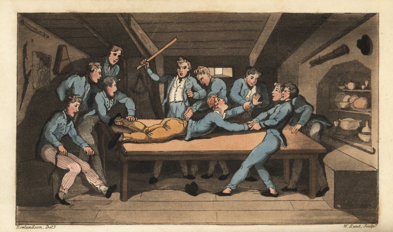 Castigo naval de golpear por arruinar una comida. Johnny es golpeado con un palo sobre la mesa por agregar sal al pudín. Grabado en cobre coloreado a mano por W. Read después de una ilustración de Thomas Rowlandson del libro Las aventuras de Johnny Newcomb de Thomas Rowlandson