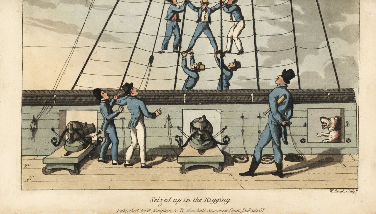 Rito naval de paso: Johnny es capturado y extendido en el aparejo por sus compañeros marineros. Grabado en cobre coloreado a mano por W. Read después de una ilustración de Thomas Rowlandson del libro Las aventuras de Johnny Newcombe en la Marina, de Alfred de Thomas Rowlandson
