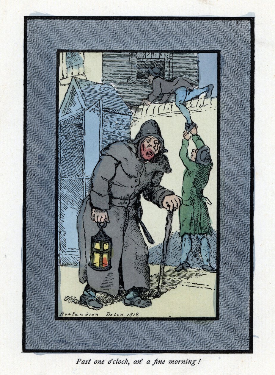Vigilante nocturno con su linterna y bastón, desatento a dos ladrones que entran en una casa detrás de él (1819). Grabado en madera, basado en una pintura de Thomas Rowlandson (1756-1827), publicado en The Cries of London: con seis encantadores niños y cas de Thomas Rowlandson