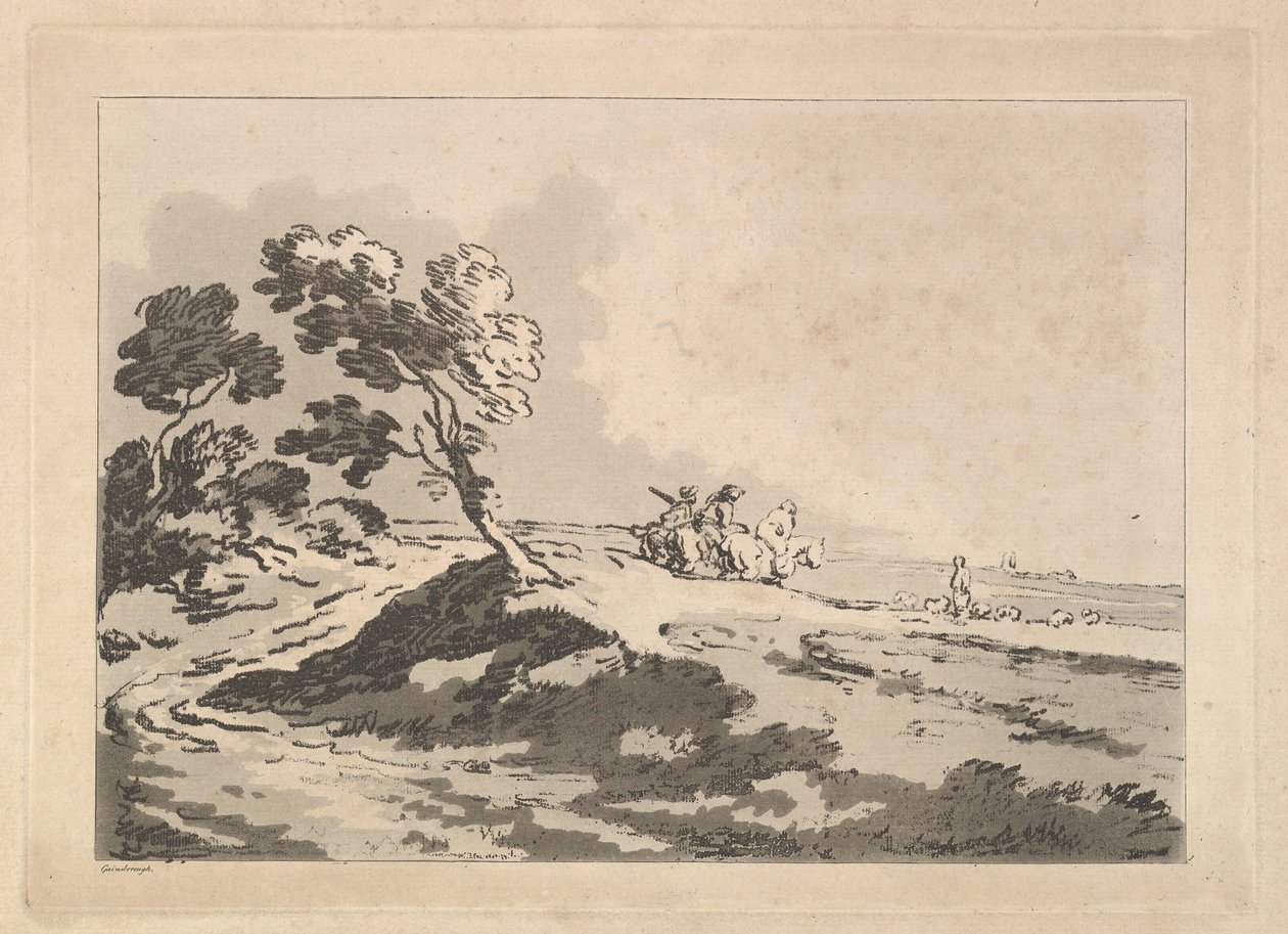 Paisaje abierto con tres jinetes en la distancia media dirigiéndose a la derecha de Thomas Rowlandson