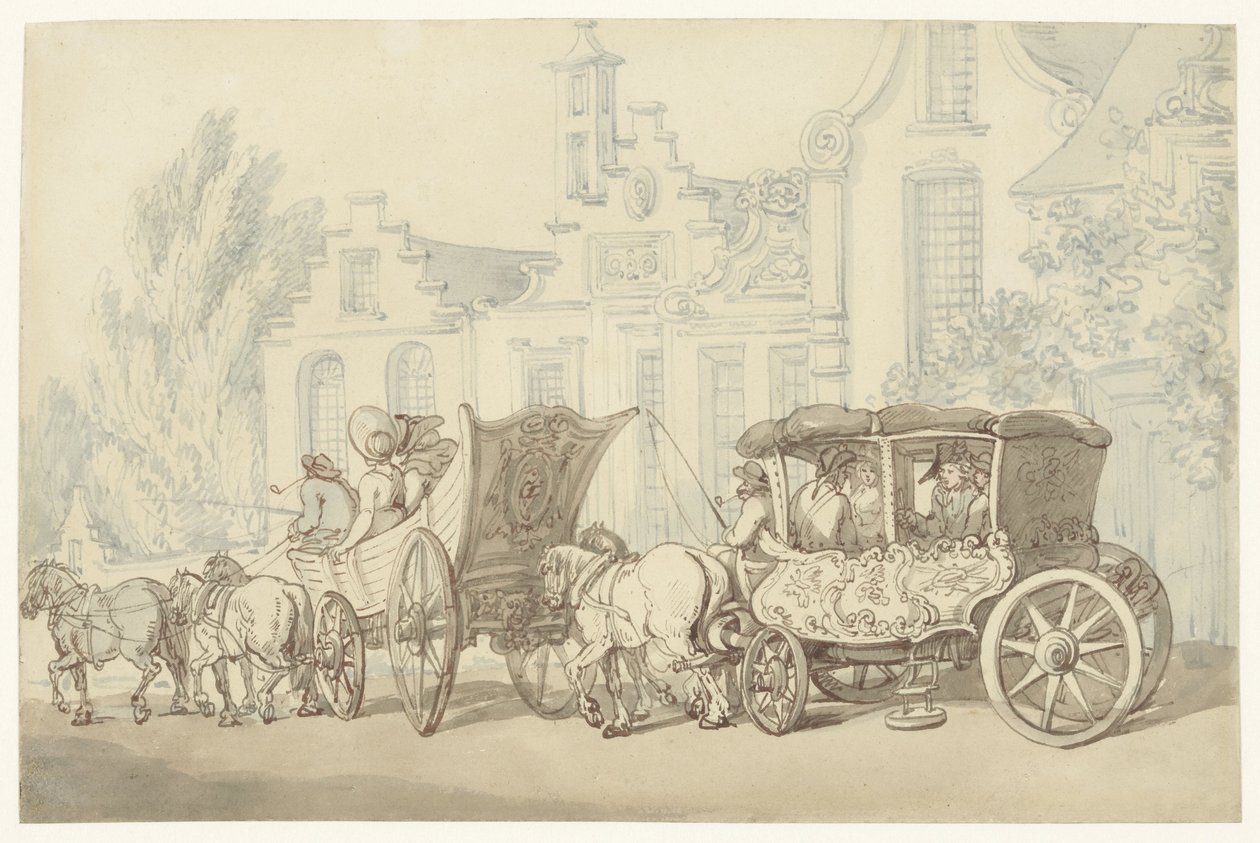 Coche de turismo abierto y carruaje en una calle casi holandesa de Thomas Rowlandson