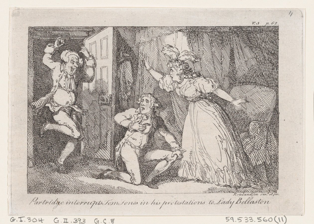 La perdiz interrumpe a Tom Jones en sus protestas a Lady Bellaston, de La historia de Tom Jones, 1792 de Thomas Rowlandson