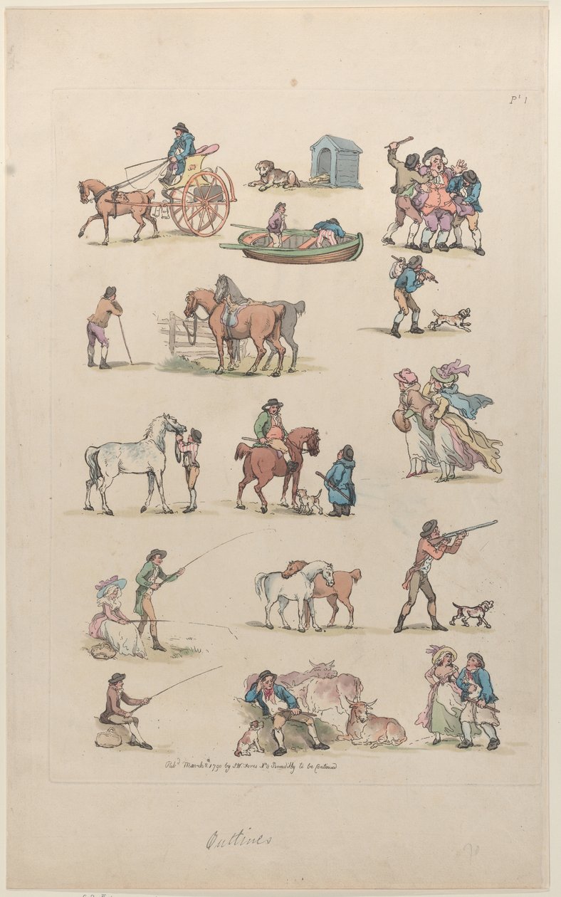 Placa 1, contornos de figuras, paisajes y ganado... para el uso de los aprendices, marzo 8, 1790 de Thomas Rowlandson