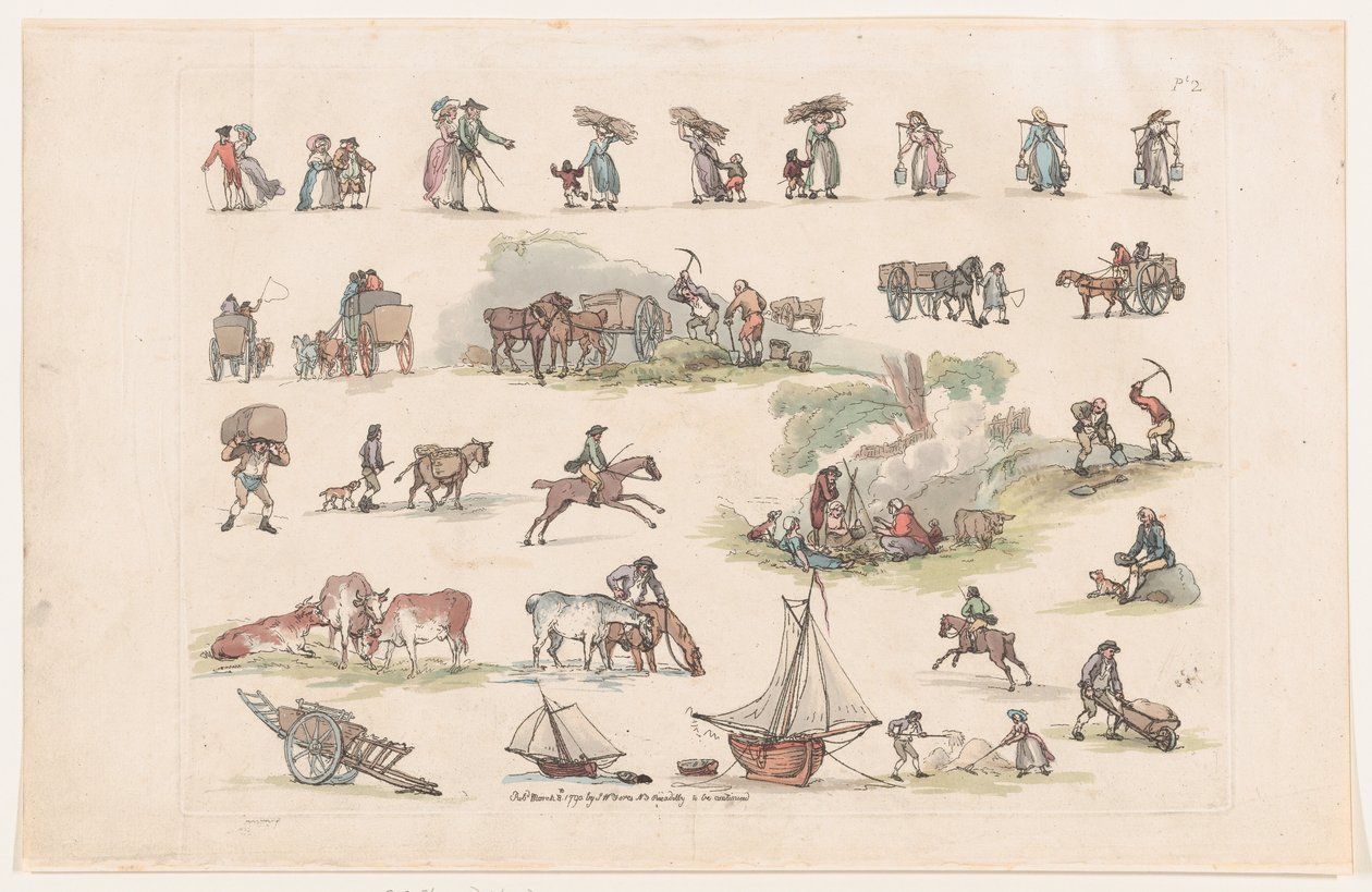 Placa 2, Contornos de Figuras, Paisajes y Ganado...para el Uso de Aprendices, 8 de marzo de 1790 de Thomas Rowlandson