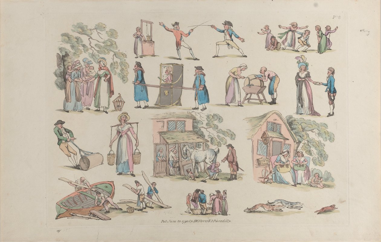Placa 8, contornos de figuras, paisajes y ganado... para el uso de los aprendices, 20 de junio de 1790 de Thomas Rowlandson