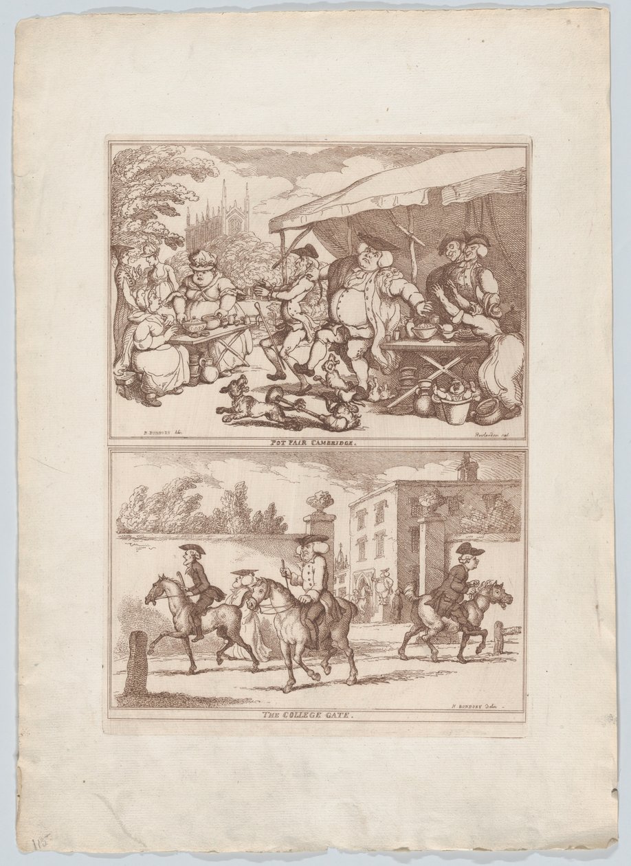 Feria de cerámica en Cambridge, y, La puerta del colegio, 1780-90 de Thomas Rowlandson