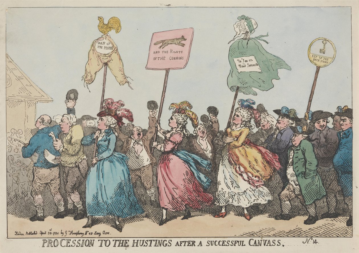 Procesión hacia la tribuna electoral tras una campaña electoral exitosa de Thomas Rowlandson
