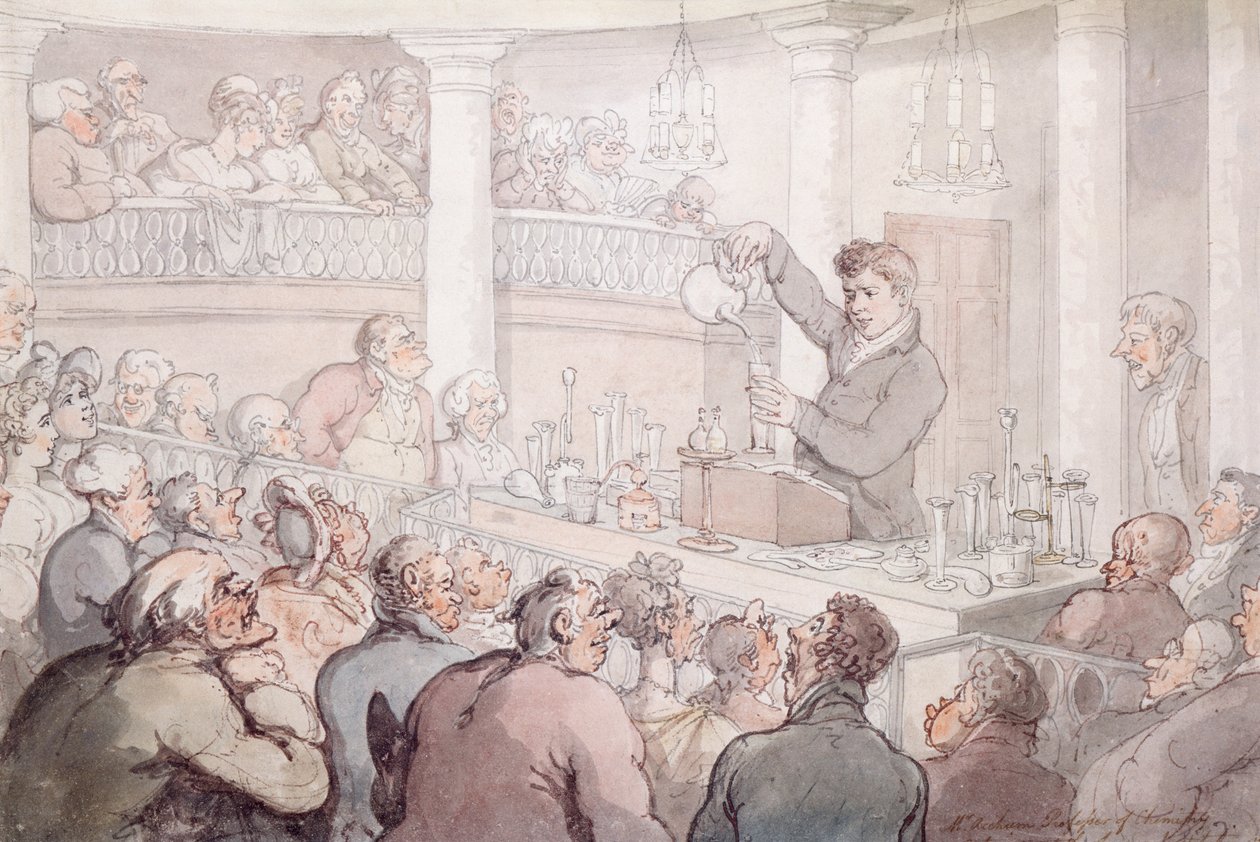 Profesor F Accum dando una conferencia en el Instituto de Surrey, Londres de Thomas Rowlandson