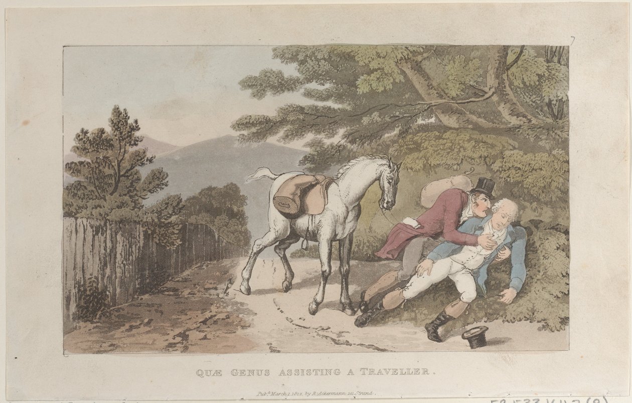 Quae Genus asistiendo a un viajero, de La historia de Johnny Quae Genus, el pequeño..., 1 de marzo de 1822 de Thomas Rowlandson