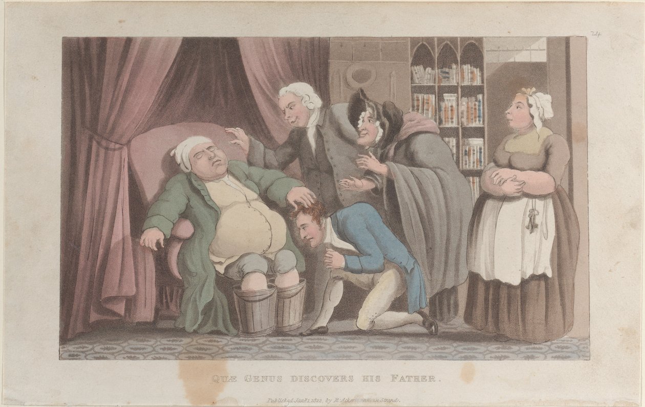 Quae Genus Descubre a su Padre, de La Historia de Johnny Quae Genus, La Vida..., 1 de enero de 1822 de Thomas Rowlandson