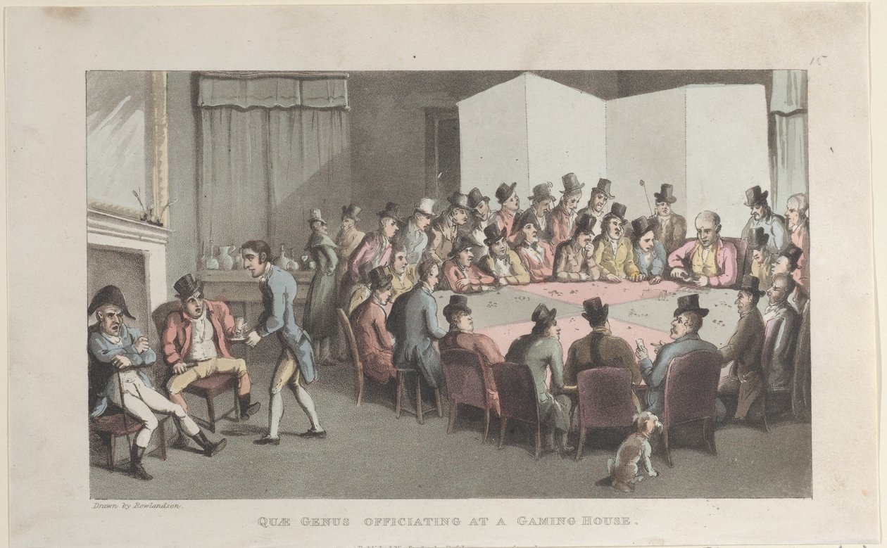 Quae Genus oficiando en una casa de juegos, de La historia de Johnny Quae Gen, 1 de noviembre de 1821 de Thomas Rowlandson