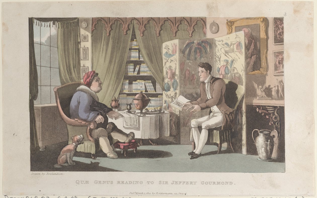 Quae Genus leyendo a Sir Jeffery Gourmand, de La Historia de Johnny Quae Genu, 1 de marzo de 1822 de Thomas Rowlandson