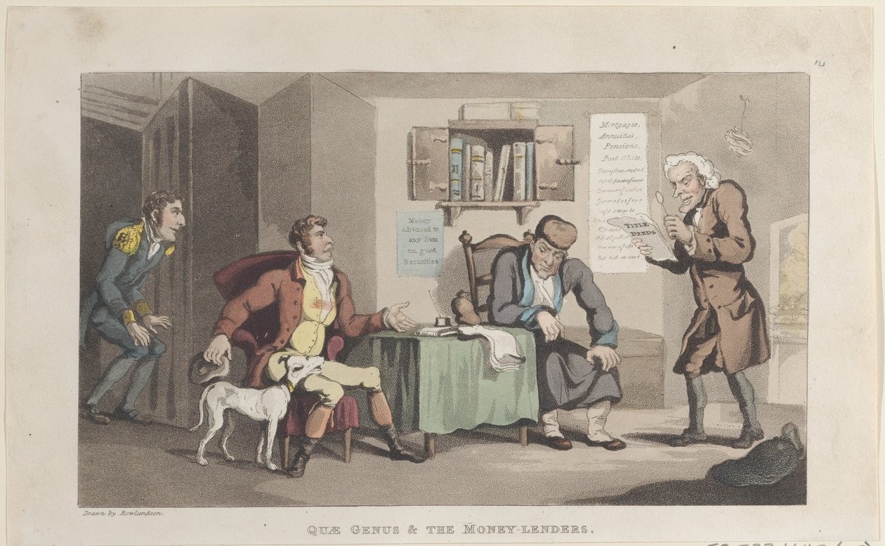 Quae Genus y los prestamistas, de La historia de Johnny Quae Genus, El L..., 1 de septiembre de 1821 de Thomas Rowlandson