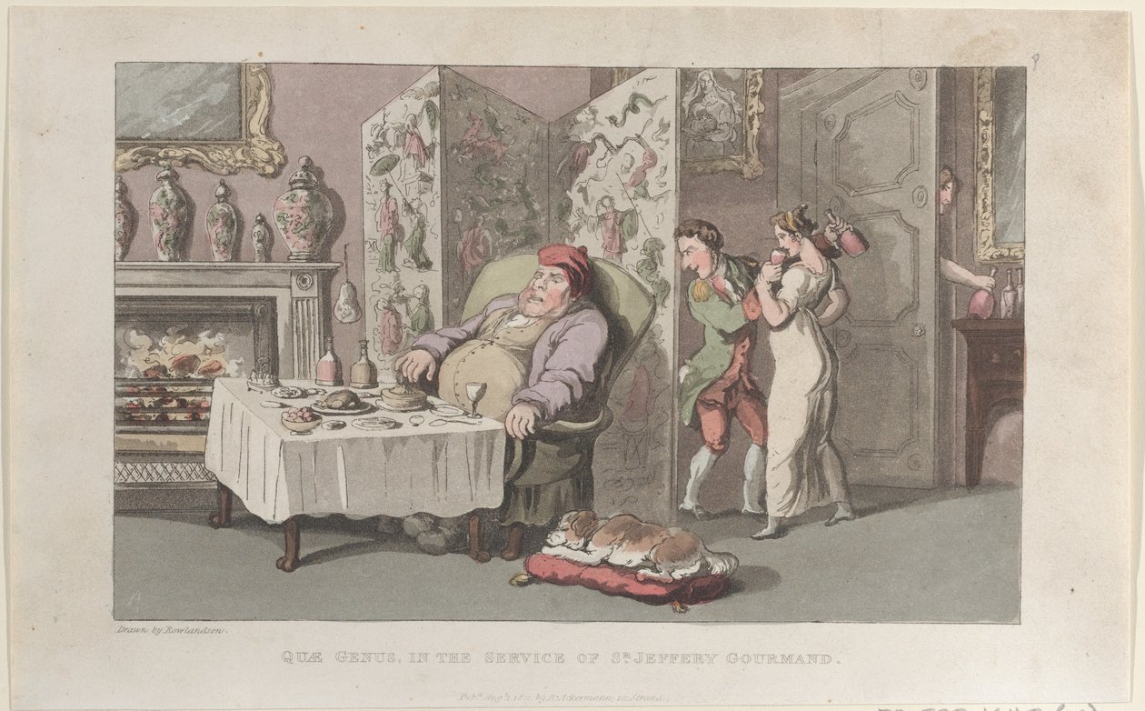 Quae Genus, al servicio de Sir Jeffery Gourmand, de La historia de Johnny..., 1 de agosto de 1821 de Thomas Rowlandson