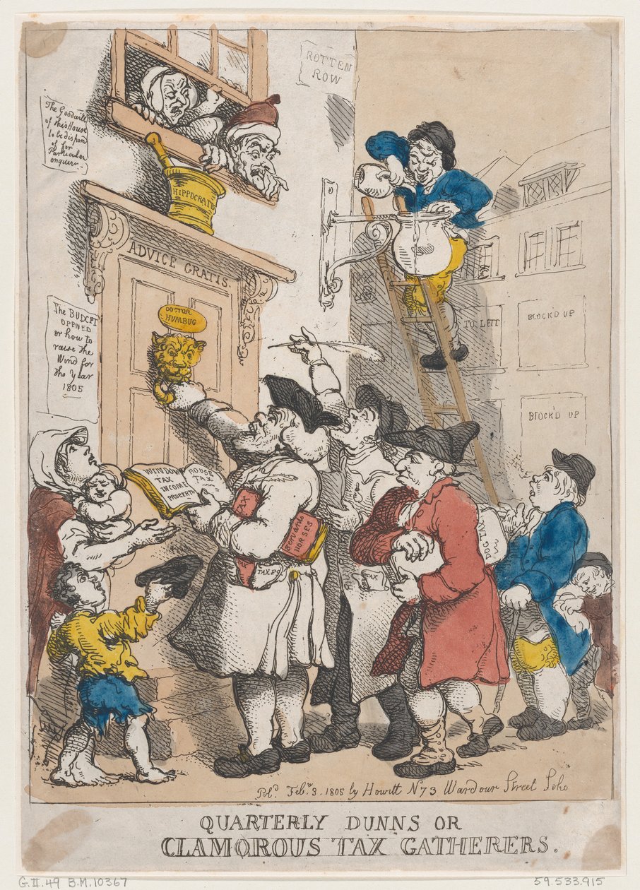 Reclamaciones trimestrales, o recaudadores de impuestos clamorosos, 3 de febrero de 1805 de Thomas Rowlandson