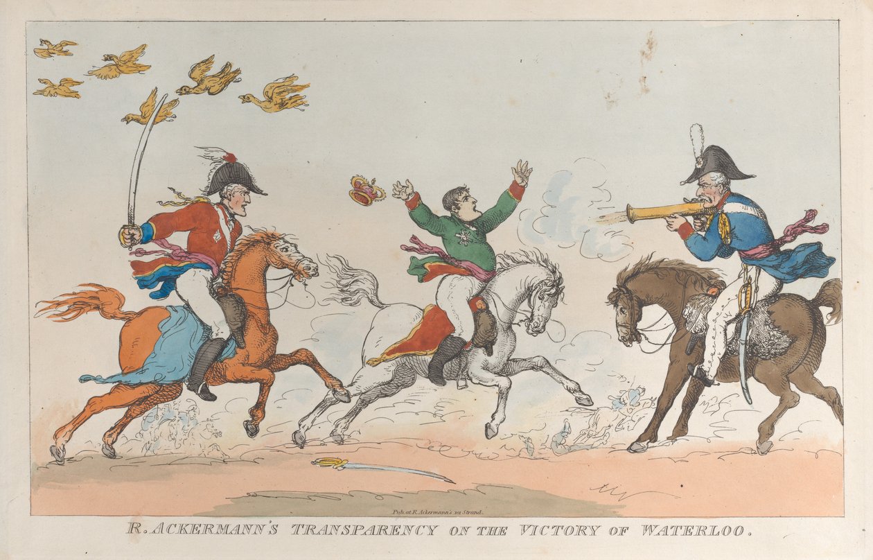 Transparencia de R. Ackermann sobre la victoria de Waterloo de Thomas Rowlandson