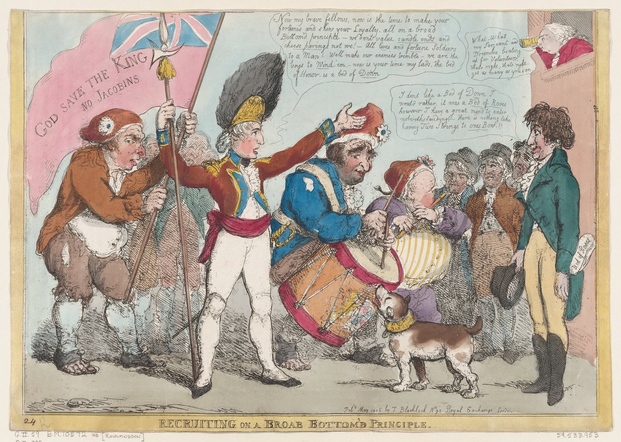Reclutamiento en un principio de fondo amplio [sic], mayo de 1806 de Thomas Rowlandson