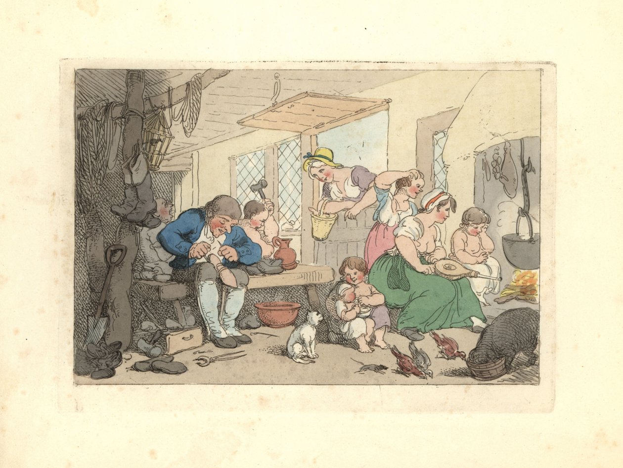 Zapatero de la Regencia reparando zapatos en una habitación abarrotada de Thomas Rowlandson
