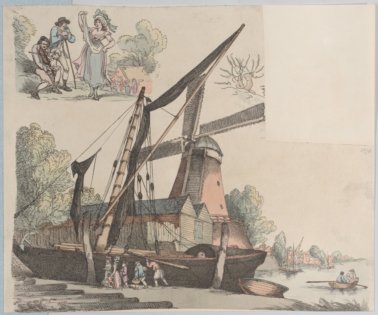Escena de río con molino de viento de la lámina 9, Contornos de figuras, paisajes y C... de Thomas Rowlandson