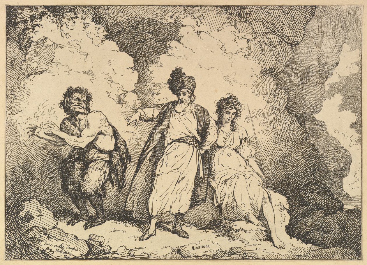 Escena de La Tempestad: Calibán, Próspero y Miranda, [1783-87] reeditado en 1801 de Thomas Rowlandson