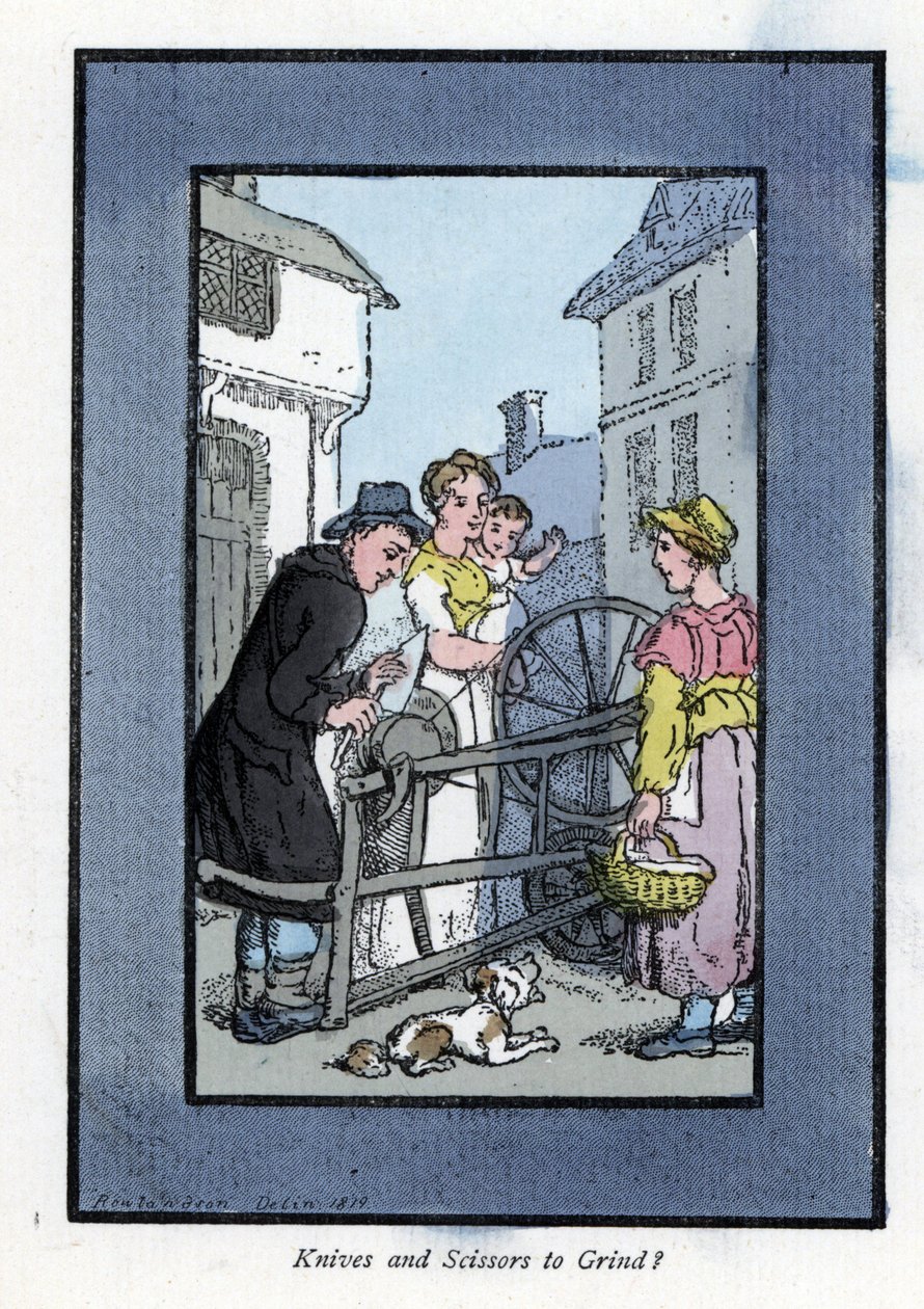 Afilador afilando un cuchillo en su rueda de afilar, con sus clientes (1819). Grabado en madera, basado en una pintura de Thomas Rowlandson (1756-1827), publicado en The Cris of London: con seis encantadores niños y casi 40 ilustraciones, por Andrew Tuer de Thomas Rowlandson