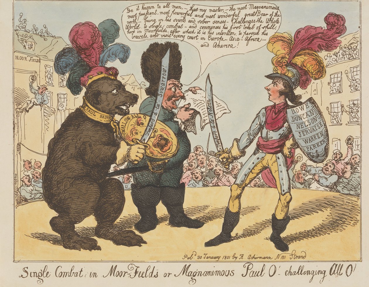 «Combate singular, en Moorfields, ¡o el magnánimo Paul O!» — ¡Desafiando a todos, O! (de: Caricature, vol. 4) de Thomas Rowlandson