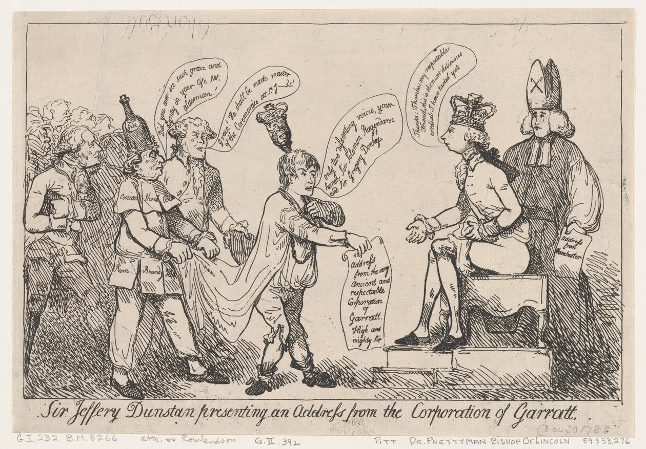Sir Jeffery Dunstan presenta un discurso en nombre de la Corporación de Garratt de Thomas Rowlandson