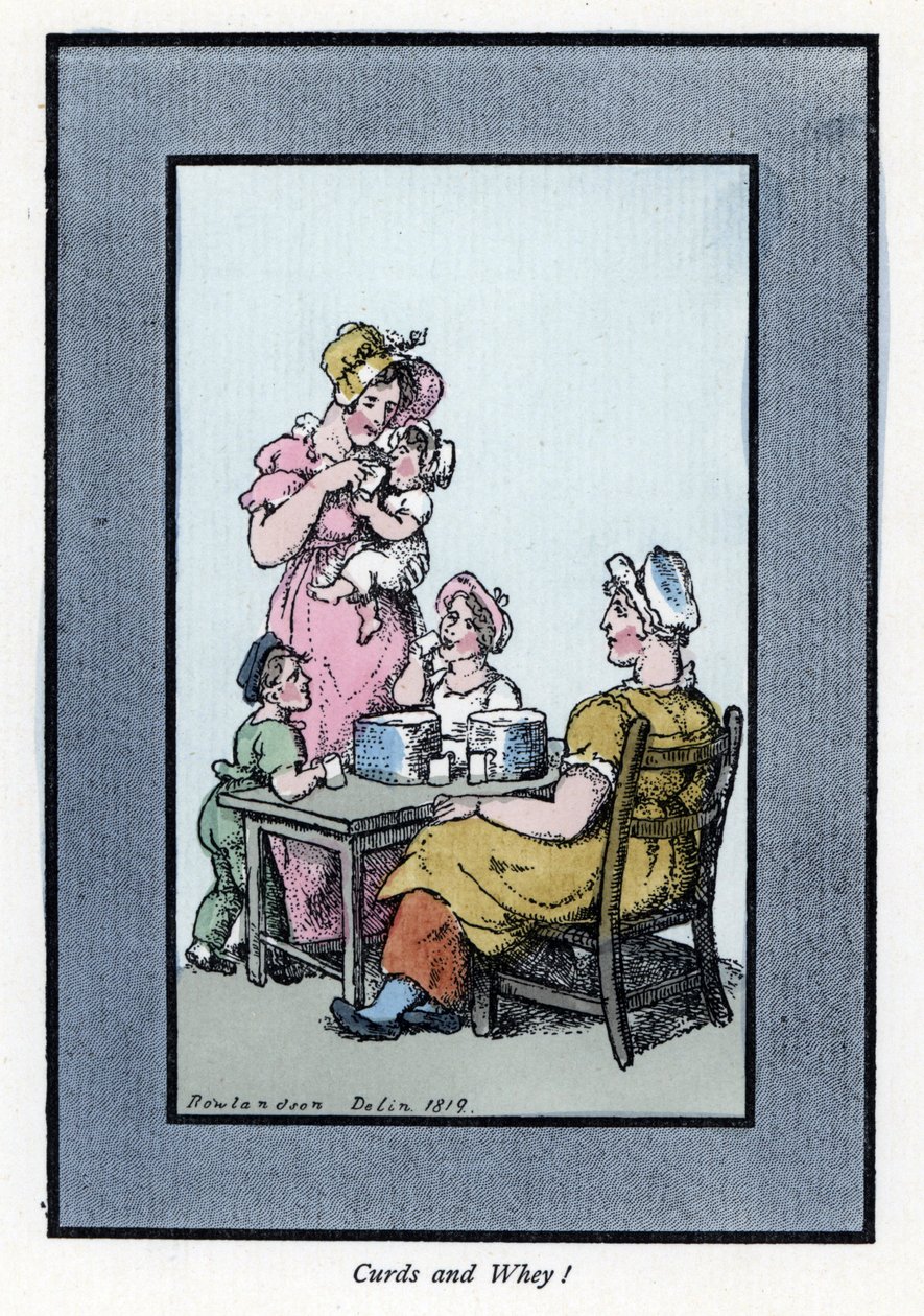 Mujer sentada vendiendo leche de codorniz y leche a una madre y sus hijos (1819) de Thomas Rowlandson