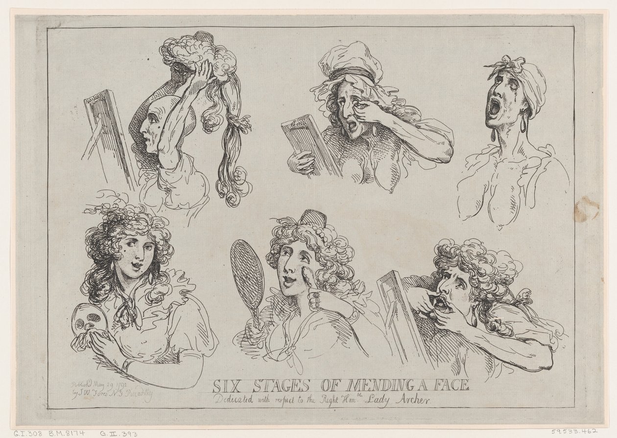 Seis etapas de reparación de una cara, dedicado con respeto a la Honorable Lady Ar..., 29 de mayo de 1792 de Thomas Rowlandson