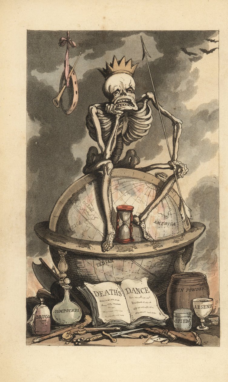 Esqueleto con corona, lanza y reloj de arena sentado sobre un globo encima de varias armas letales, pistolas, cuchillos, venenos y drogas. Grabado en cobre coloreado a mano dibujado y grabado por Thomas Rowlandson de The English Dance of Death, Ackermann,  de Thomas Rowlandson