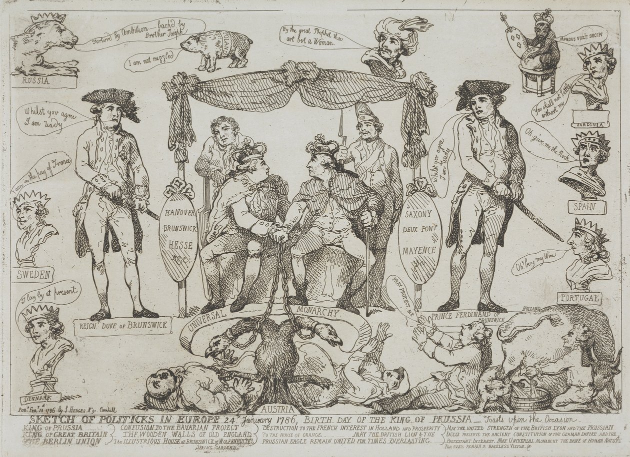 Esbozo de la situación política en Europa, 24 de enero de 1786 — Cumpleaños del rey de Prusia de Thomas Rowlandson