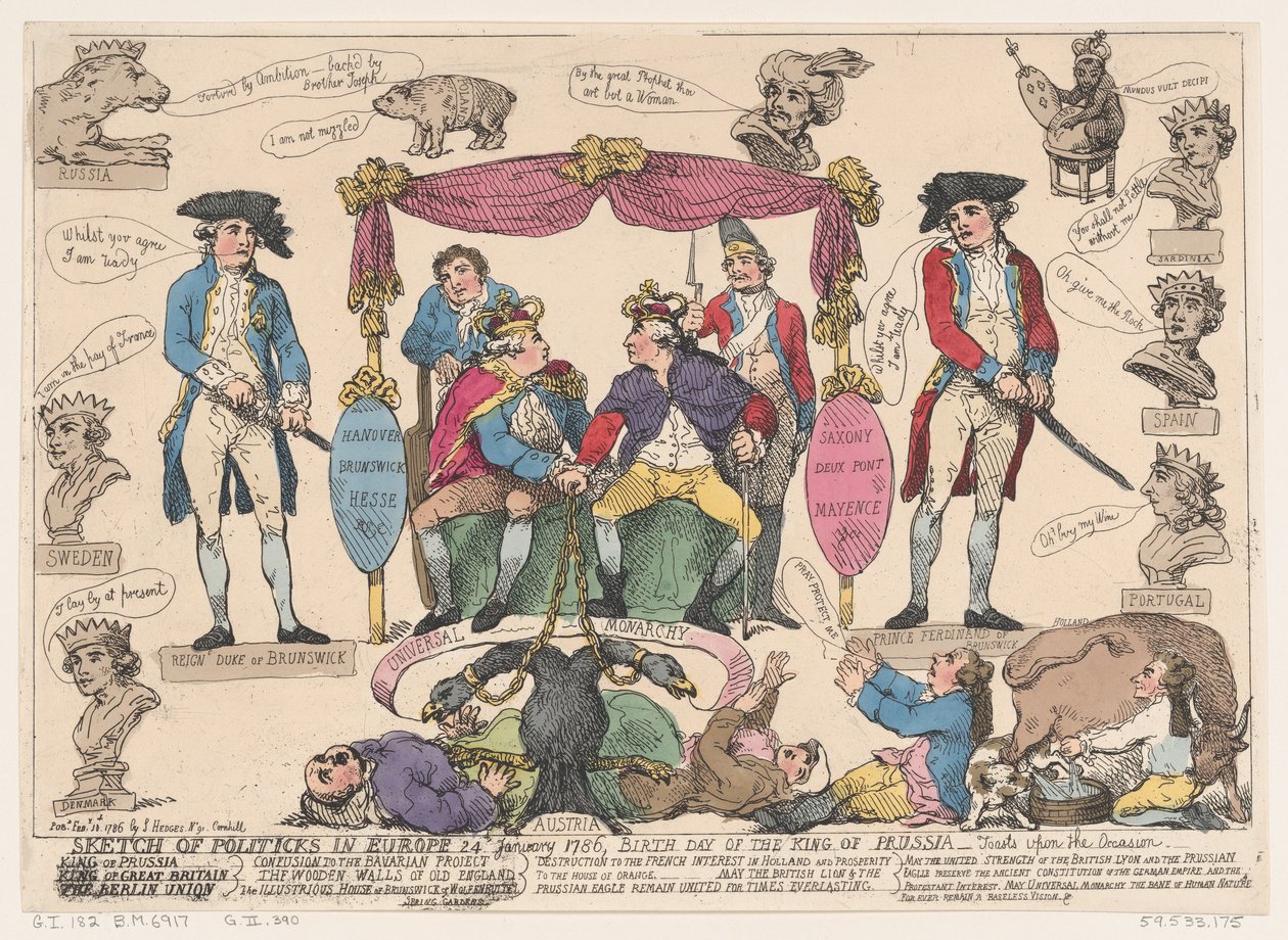 Boceto de la política en Europa, cumpleaños del rey de Prusia, 10 de febrero de 1786 de Thomas Rowlandson